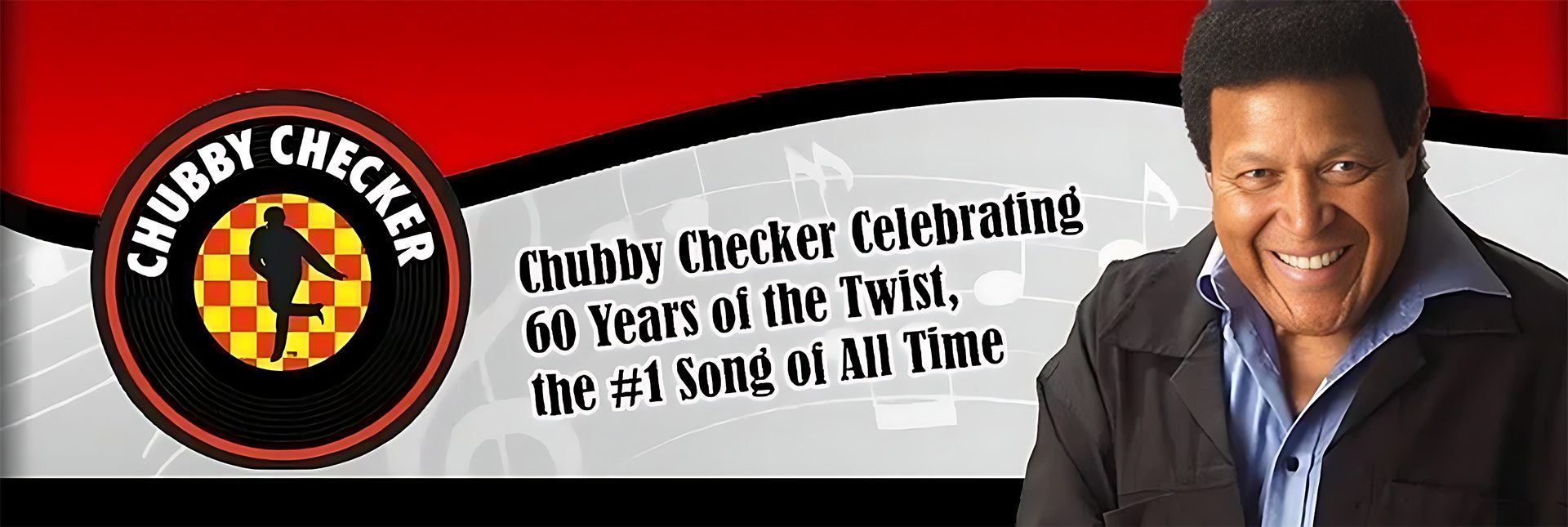 A man is standing in front of a poster with the words chucky checker.