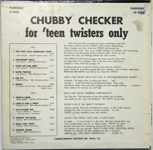 A record cover for chubby checker 's album, " teen twisters only ".