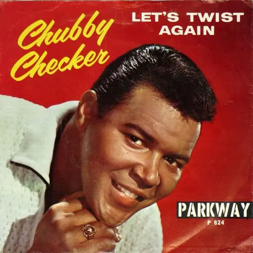 A picture of chubby checker in front of the words " let 's twist again ".