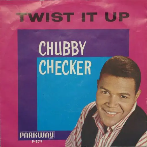 A pink and blue cover of chubby checker 's album twist it up.