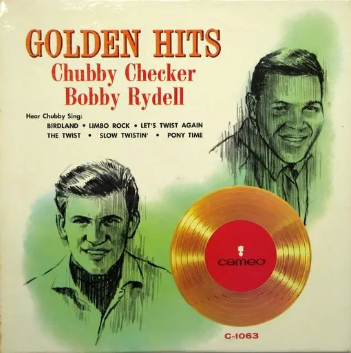 A golden hits album cover with two men